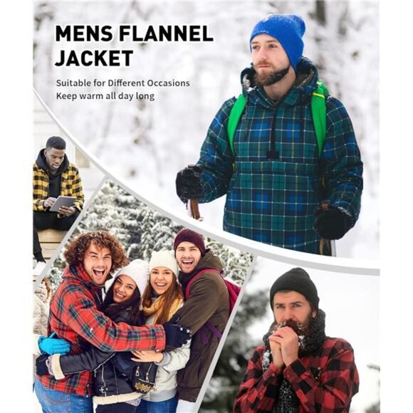 Flannel Plaid Jacket Long Sleeve Fleece Sherpa Lined Winter Jacket Warm Grey - Picture 6 of 7